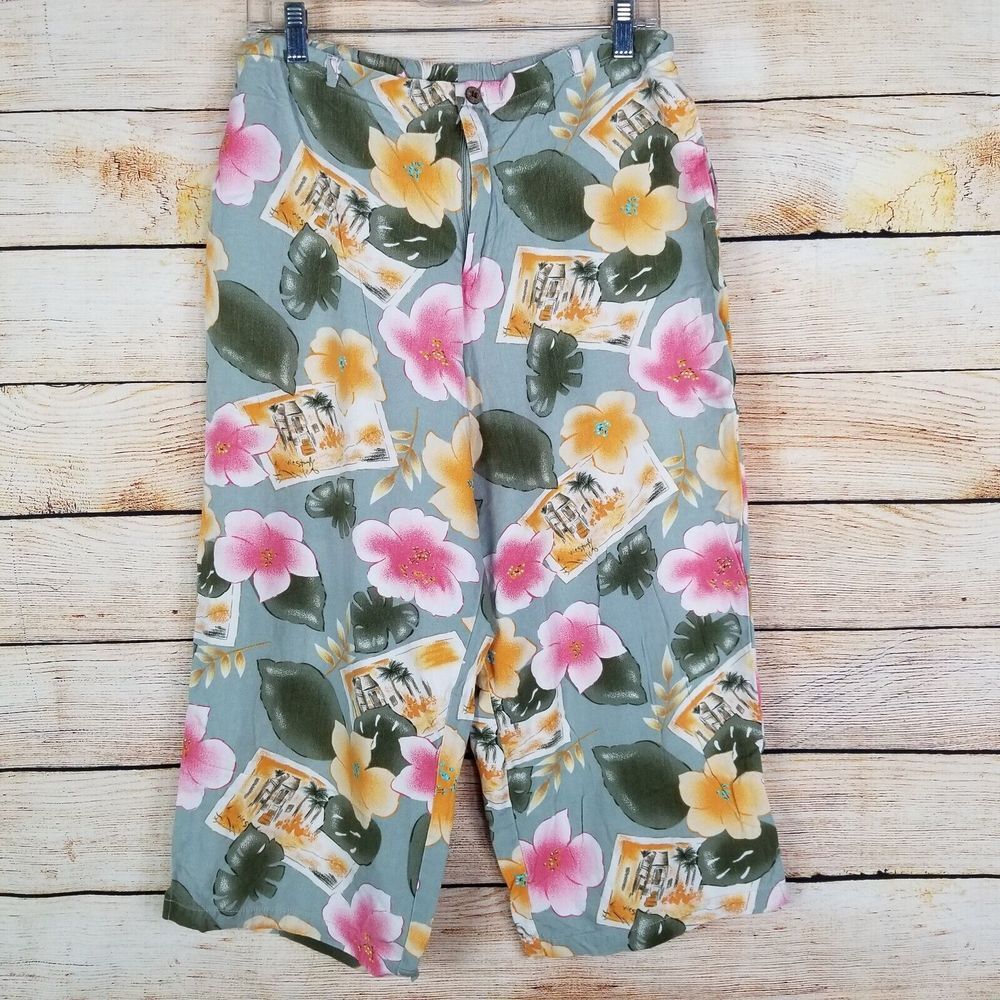 Jaclyn Smith Sport Capri Pants Size L‎ Green Hawaiian Floral Elastic Waist Comfy